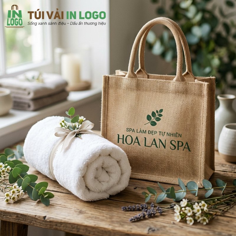 Giftset doanh nghiệp gồm túi vải đay in logo Spa Hoa Lan và khăn tắm trắng cuộn trang trí hoa, đặt trên bàn gỗ mộc. Hình ảnh minh họa quà tặng spa cao cấp, thân thiện môi trường với túi vải in logo thương hiệu.