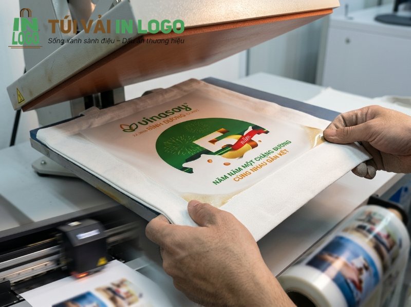 Hình ảnh cận cảnh quy trình in PET logo chuyển nhiệt lên túi vải canvas màu trắng, thể hiện logo Vinasoy sắc nét, nhiều màu và bền đẹp sau khi bóc lớp màng PET. Minh họa giải pháp in logo lên túi vải hiệu quả.