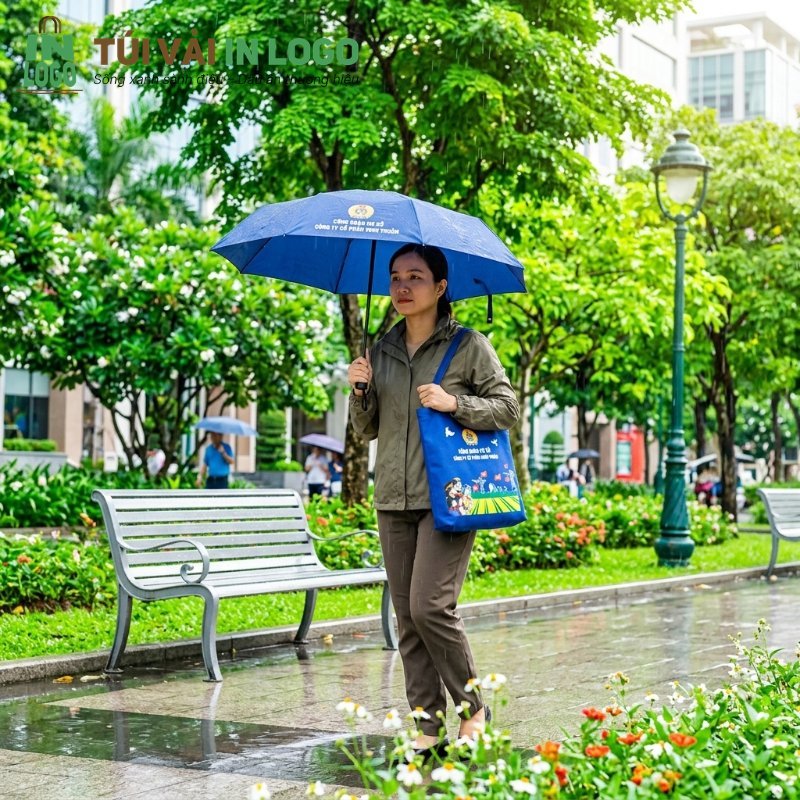 Phụ nữ trẻ mang ô và túi vải màu xanh in logo công ty, đi bộ dưới mưa nhẹ trong công viên xanh mát, minh họa ý tưởng giftset quà tặng doanh nghiệp thân thiện môi trường và thiết thực.
