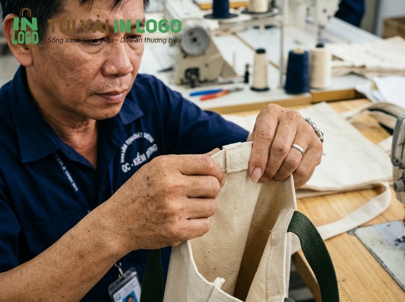 Chuyên gia QC kiểm tra kỹ lưỡng đường may và chi tiết túi vải canvas in logo, đảm bảo chất lượng sản phẩm cho sự kiện.