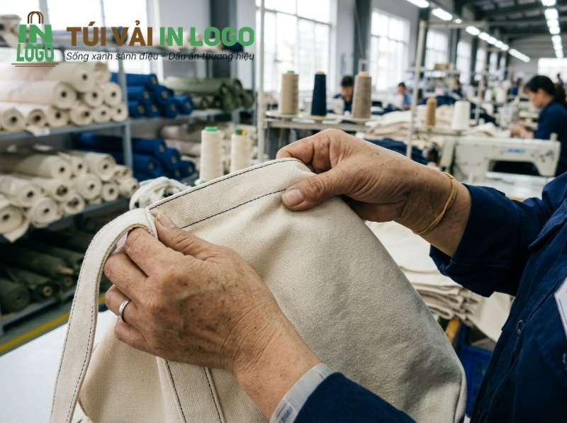 Cận cảnh công nhân đang may túi vải tại xưởng sản xuất, thể hiện quy trình làm túi vải in logo chất lượng cao cho quà tặng doanh nghiệp số lượng lớn.
