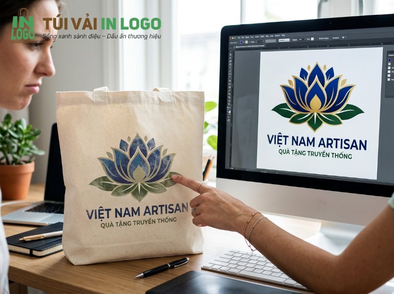 Hai người phụ nữ so sánh logo hoa sen của 'Việt Nam Artisan' in trên túi vải canvas và thiết kế trên máy tính, minh họa lỗi in màu không chuẩn hoặc mờ nhạt trên túi vải.