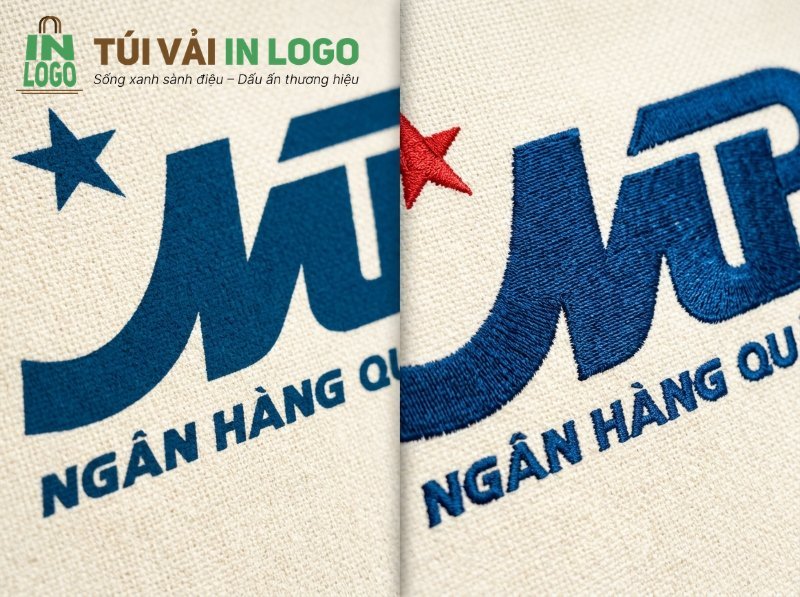 So sánh in logo và thêu logo lên túi vải quà tặng doanh nghiệp, hiển thị chi tiết chất lượng in ấn và thêu nổi cho logo ngân hàng màu xanh trên nền vải bố.