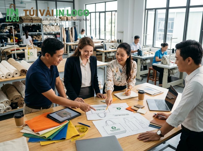 Nhóm khách hàng và nhà thiết kế thảo luận mẫu túi vải quà tặng in logo theo yêu cầu, với các bản vẽ kỹ thuật, mẫu vải đa dạng và hình ảnh 3D tại xưởng sản xuất.