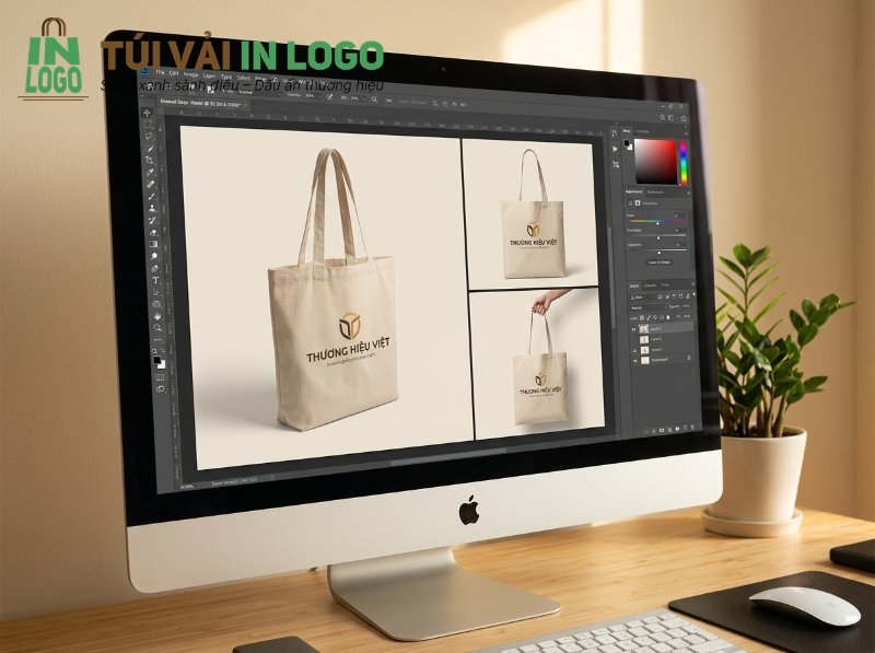 Hình ảnh mockup thiết kế túi vải in logo Thương Hiệu Việt trên máy tính, thể hiện mẫu túi quà tặng theo yêu cầu trước khi sản xuất.