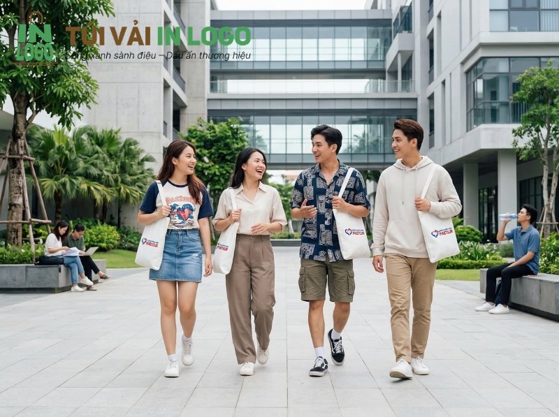 Bốn bạn trẻ vui vẻ dạo bước mang túi vải canvas trắng in logo, minh họa quà tặng doanh nghiệp thân thiện môi trường, bền đẹp và phong cách được giới trẻ ưa chuộng.