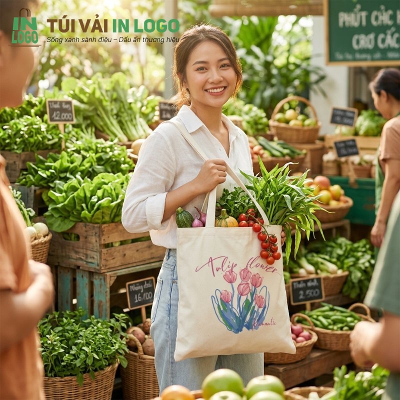 Người phụ nữ mỉm cười cầm túi vải canvas in hình hoa tulip chứa đầy rau củ quả tươi tại chợ, minh họa việc sử dụng túi canvas thân thiện môi trường thay thế túi nhựa, phù hợp làm túi quà tặng in logo bền bỉ và thời trang.