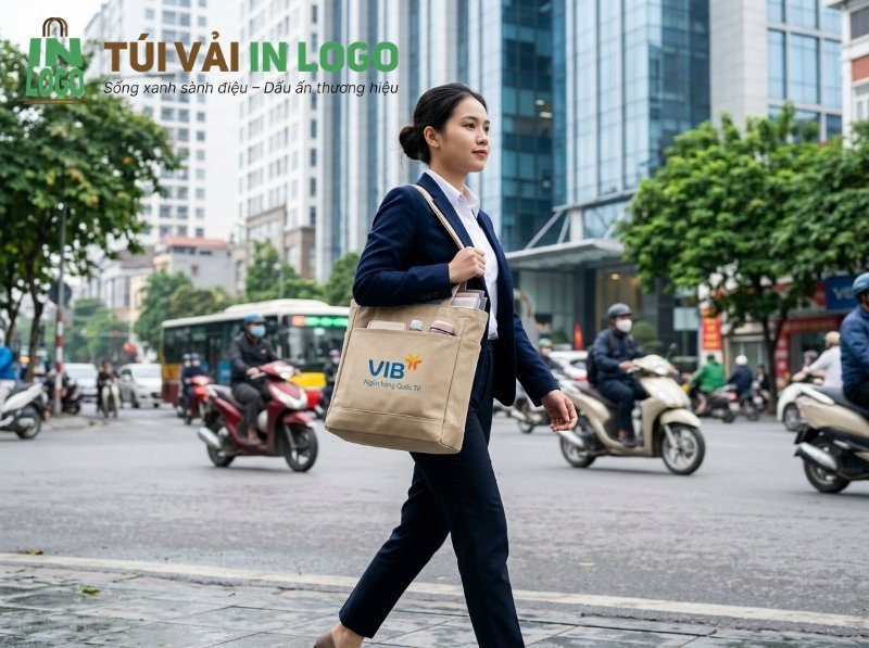 Nhóm sinh viên học tập tại quán cà phê với túi vải tote màu xanh đậm in logo Sunshine Education IELTS, minh họa túi vải quà tặng lý tưởng cho đối tượng học sinh, sinh viên.