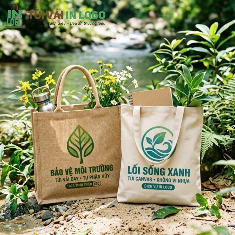 Hai túi vải thân thiện môi trường, gồm một túi vải đay và một túi vải canvas, đặt cạnh suối, tượng trưng cho quà tặng doanh nghiệp bền vững. Túi vải đay in logo lá cây và thông điệp "Bảo vệ môi trường, 100% thân thiện ECO". Túi vải canvas in logo lá và sóng nước với thông điệp "Lối sống xanh, Không vi nhựa".