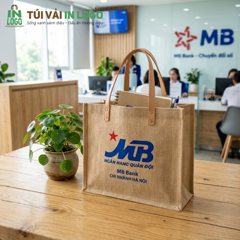 Túi vải bố (vải đay) in logo MB Bank màu xanh và đỏ, với quai da, đặt trên bàn gỗ cùng sổ tay và bút, minh họa quà tặng doanh nghiệp thân thiện môi trường.