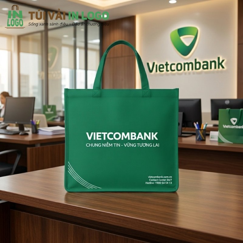Túi vải không dệt màu xanh lá cây in logo Vietcombank và slogan "Chung niềm tin - Vững tương lai" đặt trên bàn gỗ trong không gian văn phòng. Hình ảnh minh họa túi sự kiện doanh nghiệp chất lượng cao, nhấn mạnh tầm quan trọng của thiết kế và in ấn chuẩn SEO.
