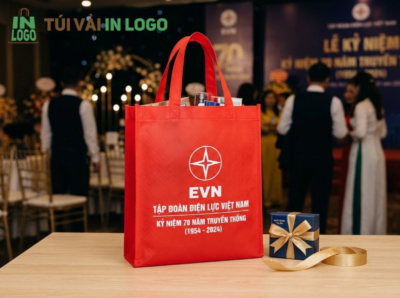 Túi vải không dệt màu đỏ in logo Tập đoàn Điện lực Việt Nam (EVN) kỷ niệm 70 năm truyền thống, đặt trên bàn gỗ cùng hộp quà nhỏ trong không gian sự kiện. Thích hợp cho dịch vụ in túi vải theo yêu cầu, in logo doanh nghiệp.