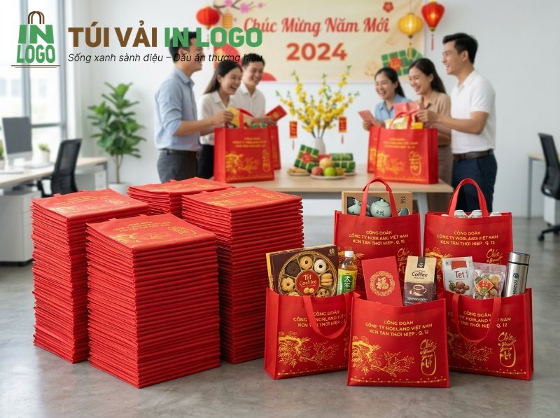 Túi vải không dệt đỏ in logo công ty và họa tiết mai vàng, đựng quà Tết cho nhân viên trong văn phòng, là giải pháp quà tặng doanh nghiệp dịp Tết 2024.