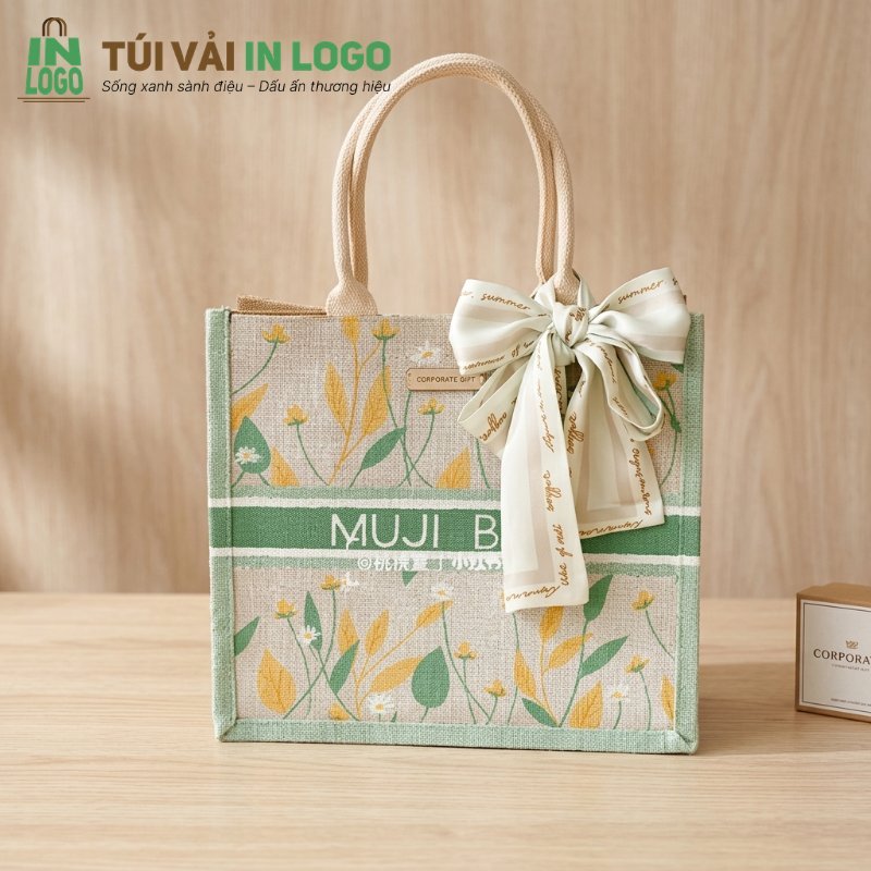 Túi vải linen in logo MUJI B họa tiết hoa lá xanh vàng, quai xách sợi bện và ruy băng trang trí, mẫu túi độc đáo thân thiện môi trường.
