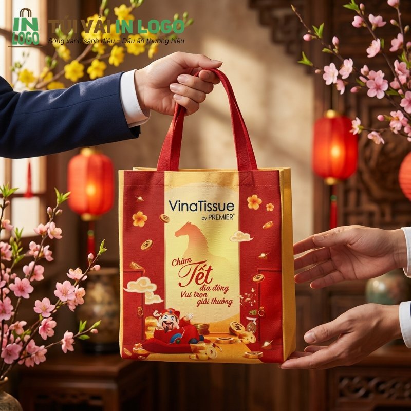 Túi vải không dệt in logo VinaTissue chủ đề Tết với màu đỏ vàng rực rỡ và họa tiết Ông Địa, mai đào, đang được trao tặng. Hình ảnh minh họa giải pháp túi đựng quà Tết in logo cho doanh nghiệp.
