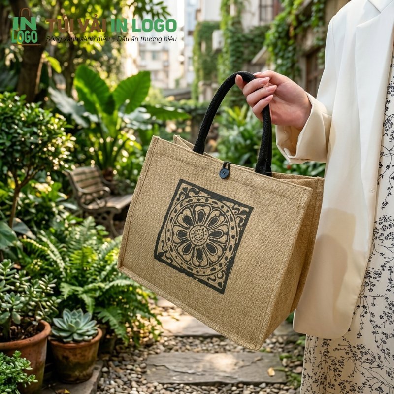 Túi vải đay quà tặng doanh nghiệp màu nâu tự nhiên in họa tiết hoa văn đen cổ điển, tay cầm đen, thể hiện xu hướng thiết kế bền vững, thân thiện môi trường cho năm 2026.