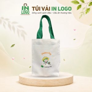 Túi canvas đựng bình nước in logo quà tặng quai xanh lá CV-17