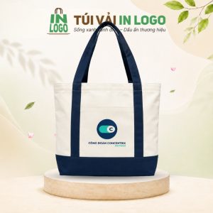 Túi tote canvas in logo công đoàn đáy rộng xanh navy CV-14