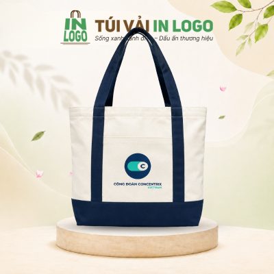 Túi tote canvas in logo công đoàn đáy rộng xanh navy CV-14