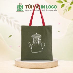 Túi tote canvas in logo màu xanh rêu merchandise Cộng Cafe CV-08
