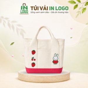 Túi tote canvas mini in logo đáy hộp họa tiết dâu thỏ CV-15
