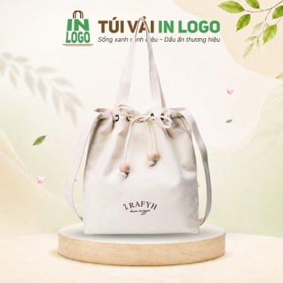 Túi tote canvas quà tặng dây rút thời trang màu kem CV-16