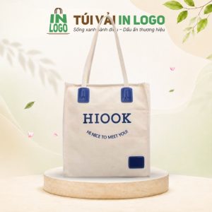 Túi tote canvas quà tặng in logo dáng hộp vuông tag da CV-23
