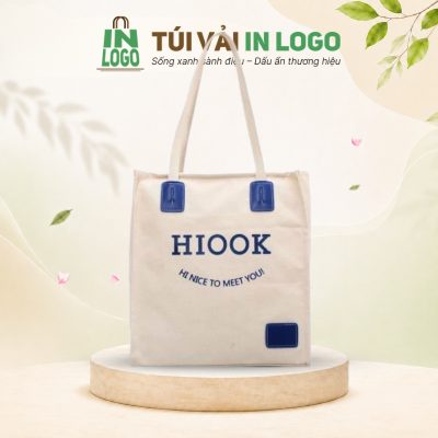 Túi tote canvas quà tặng in logo dáng hộp vuông tag da CV-23