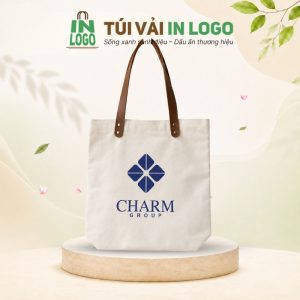 Túi tote canvas quà tặng in logo màu kem phối quai da CV-25