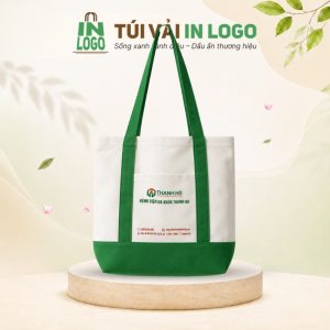 Túi tote canvas quà tặng in logo màu kem phối xanh lá CV-22