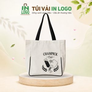 Túi tote canvas quà tặng in logo viền đen ngăn phụ bán nguyệt CV-26