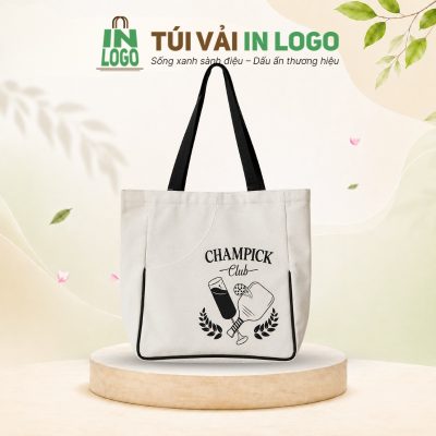 Túi tote canvas quà tặng in logo viền đen ngăn phụ bán nguyệt CV-26