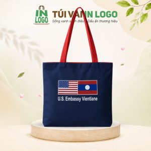 Túi tote canvas quà tặng in logo xanh navy quai đỏ CV-24