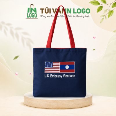 Túi tote canvas quà tặng in logo xanh navy quai đỏ CV-24
