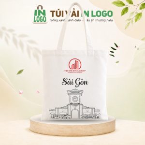 Túi vải canvas in logo quà tặng màu trắng in hình chợ Bến Thành CV-02