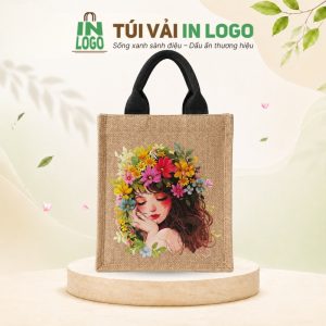 Túi vải đay quà tặng in hình cô gái hoa lá quai đen thời trang VĐ-08
