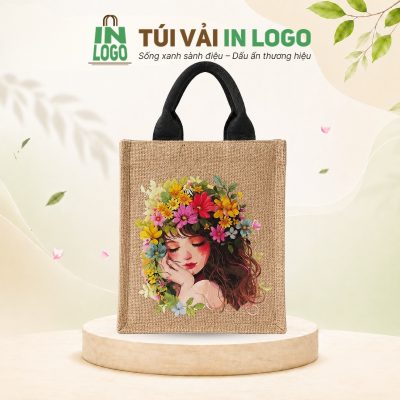 Túi vải đay quà tặng in hình cô gái hoa lá quai đen thời trang VĐ-08