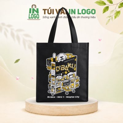 Túi vải không dệt in logo làm bao bì quai xách màu đen KD-02