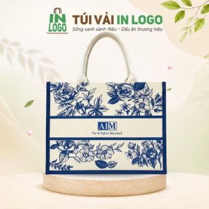 Túi xách vải đay in logo quà tặng họa tiết hoa lá viền xanh dương VĐ-05